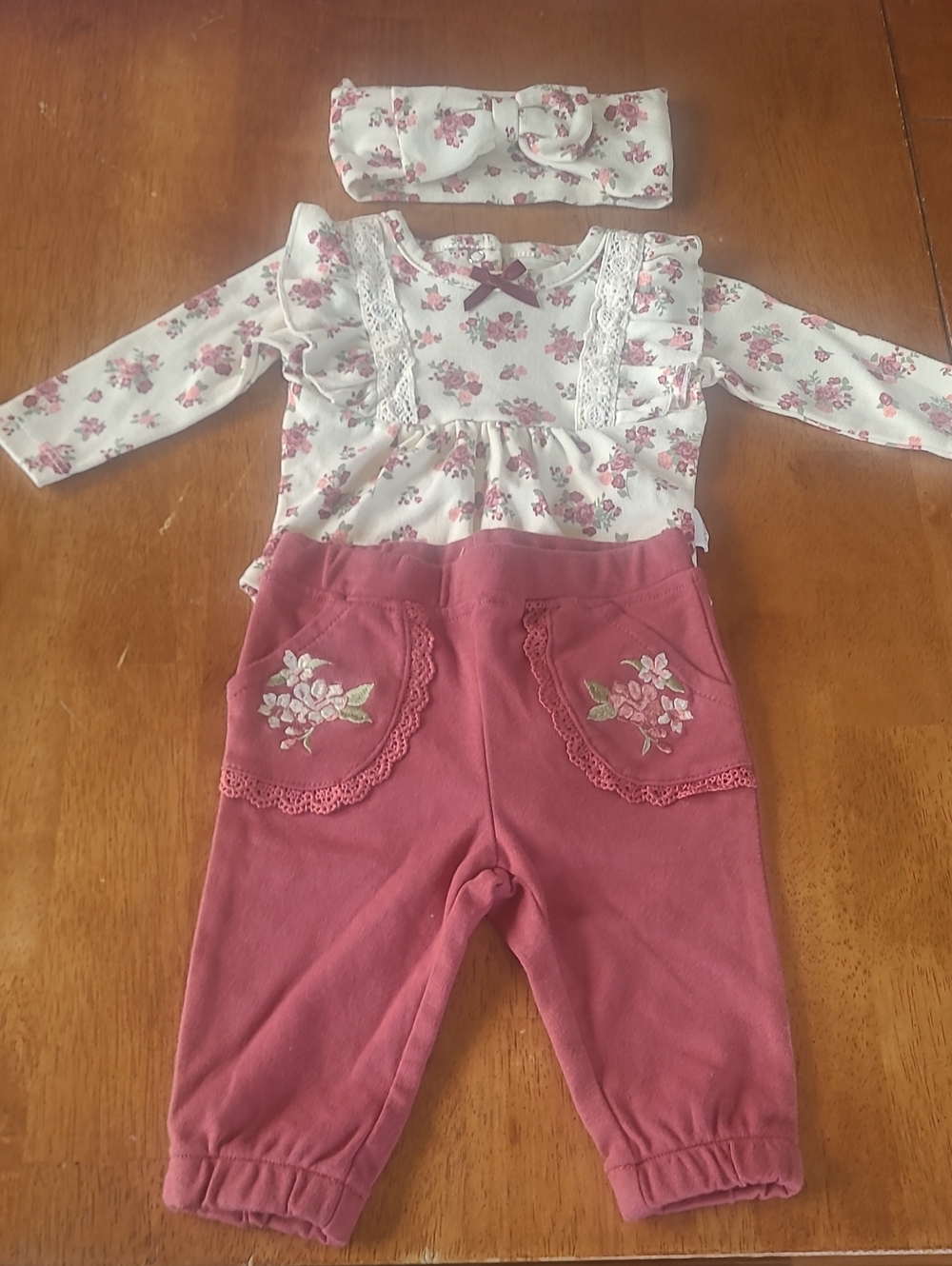 Floral 3-Piece Baby Outfit with Headband - Cream & Dusty Rose